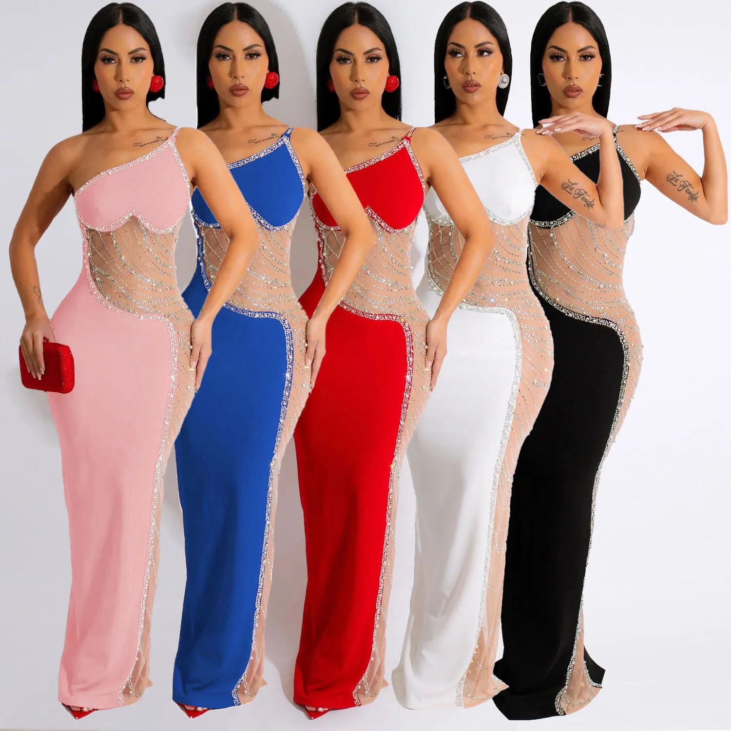 Abito Maxi Monospalla Sexy Occidentale Patchwork in Rete Elegante Trasparente con Perle e Strass Bodycon per Festa Donna