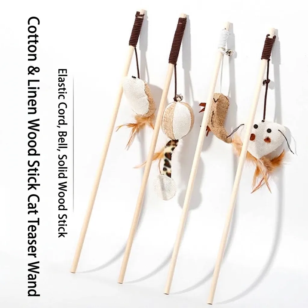 Natural Wood Cat Teaser Wand with Linen Mouse Pumpkin Heart Pendant Feather and Bell Interactive Cat Toy for Indoor Cats
