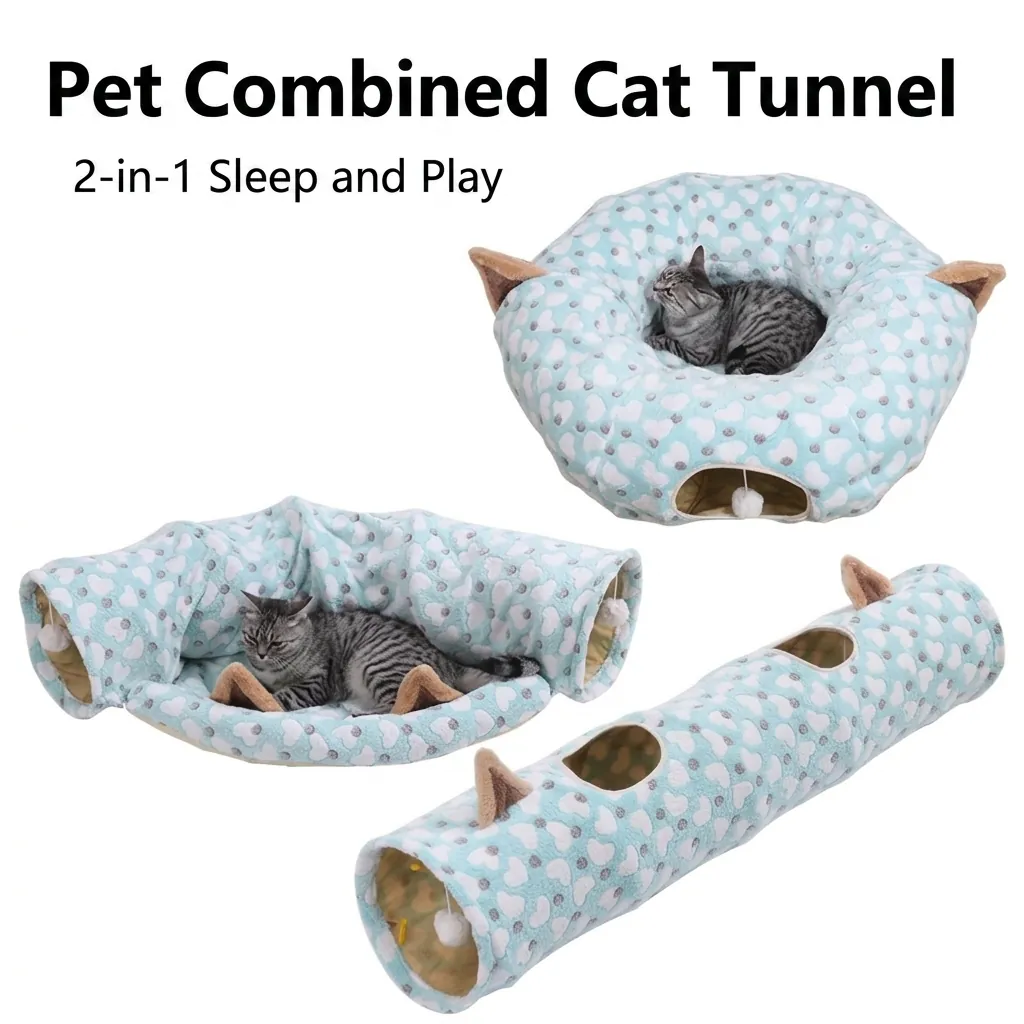 Foldable Cat Tunnel Bed Blue White Heart Pattern Plush Interactive Pet Toy Tunnel For Cats Kittens Playing Sleeping