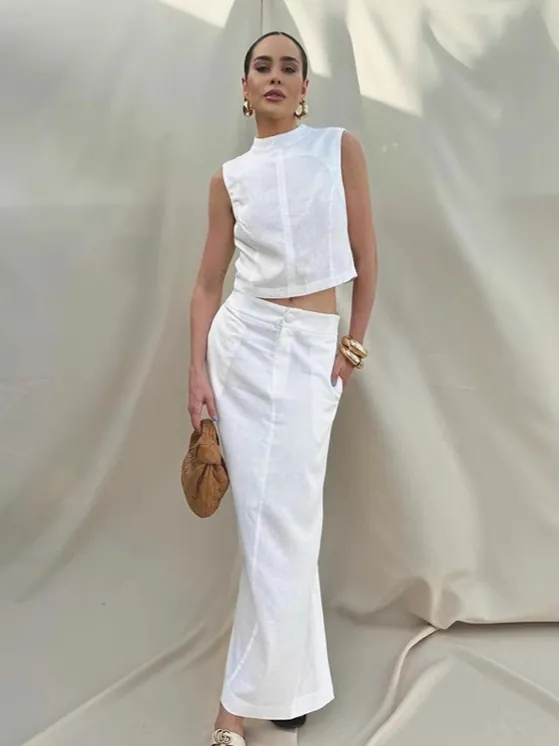 Women Casual White Two Piece Set Sleeveless Vest Top And High Waist Long Maxi Skirt Summer Cotton Minimalist Elegant Co-ord