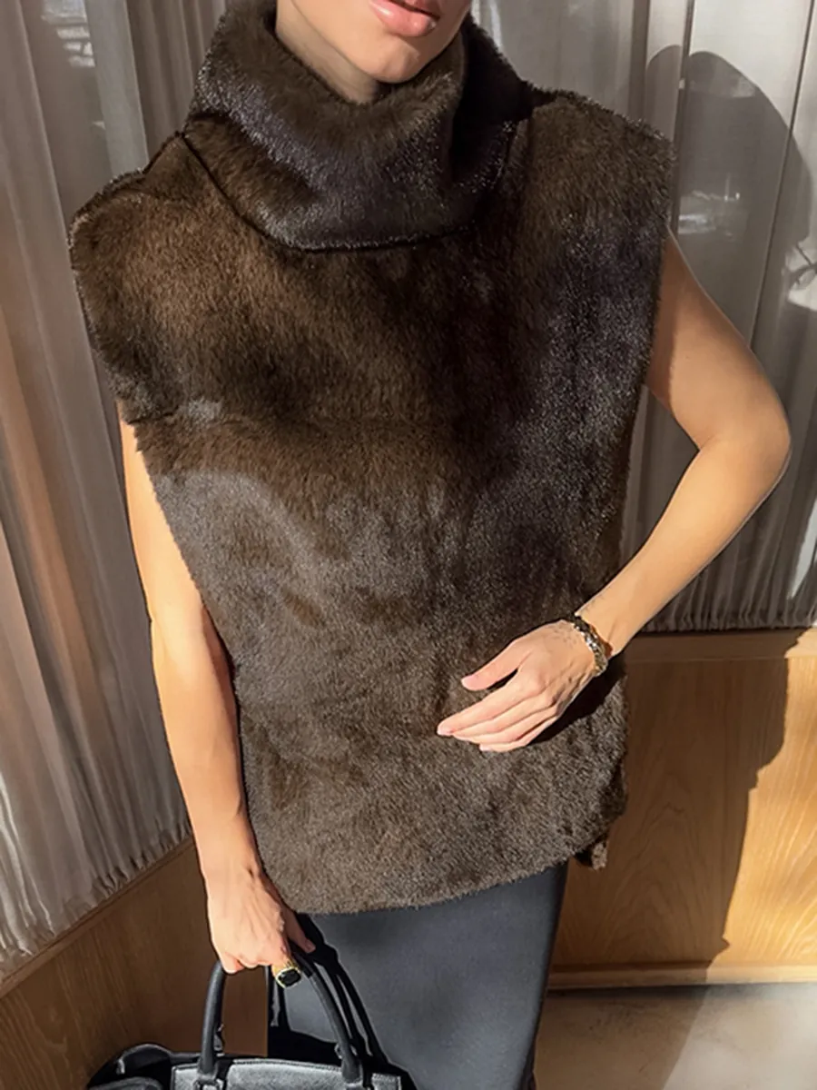 Gilet in Pelliccia Sintetica da Donna Inverno Spesso Caldo Marrone Peluche Top Senza Maniche Moda Mezzo Lupetto Casual