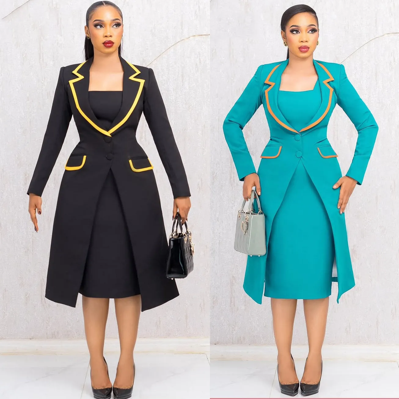 Women Elegant Commuter Two Piece Set Contrast Piping Lapel Slim Blazer And Vest Dress Polyester Office Lady Outfit