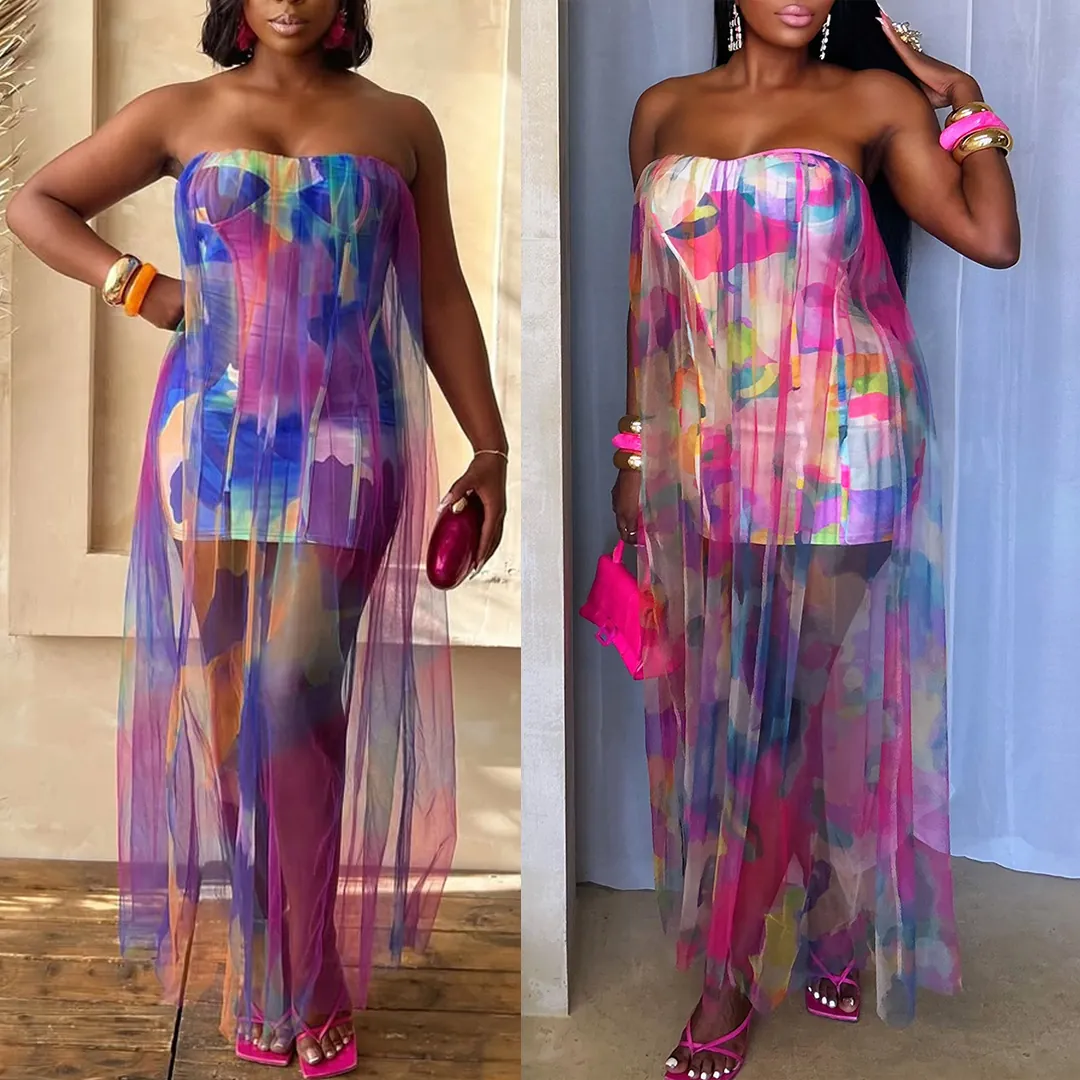 Robe Longue pour Femme Sexy Sans Bretelles Patchwork en Maille Imprimé Abstrait Multicolore Moulante Transparente Clubwear Fête S11009
