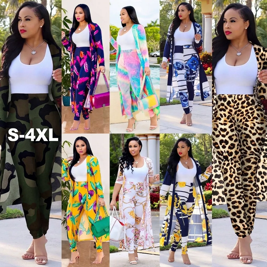Women Polyester Sexy Printed Long Sleeve Cardigan And Pants Top And Bottom Set Nightclub Party Wear Elegant Casual Outfits