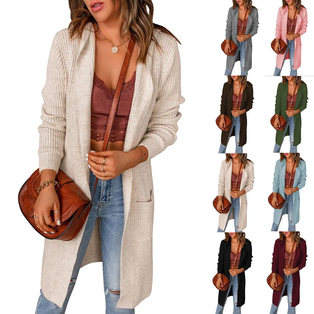 Cardigan en Tricot à Capuche Manches Longues pour Femmes Couleur Unie Pull en Polyester Avec Poches Décontracté Top