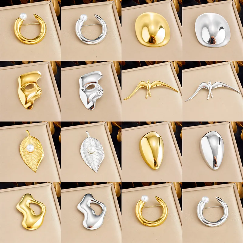 Modern Stainless Steel Glossy Brooch For Women Gold Silver Plated Geometric Leaf Bird Mask Design With Artificial Pearl For Commute Party Fashion Jewelry