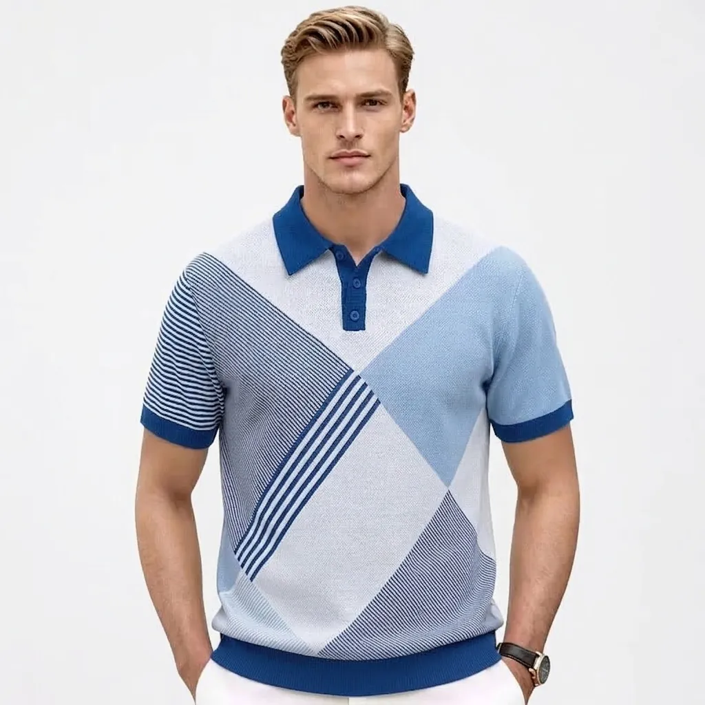 Men's Argyle Color Block Viscose Knit Polo Shirt Business Casual Short Sleeve Lapel Top Geometric Jacquard Summer Knitwear