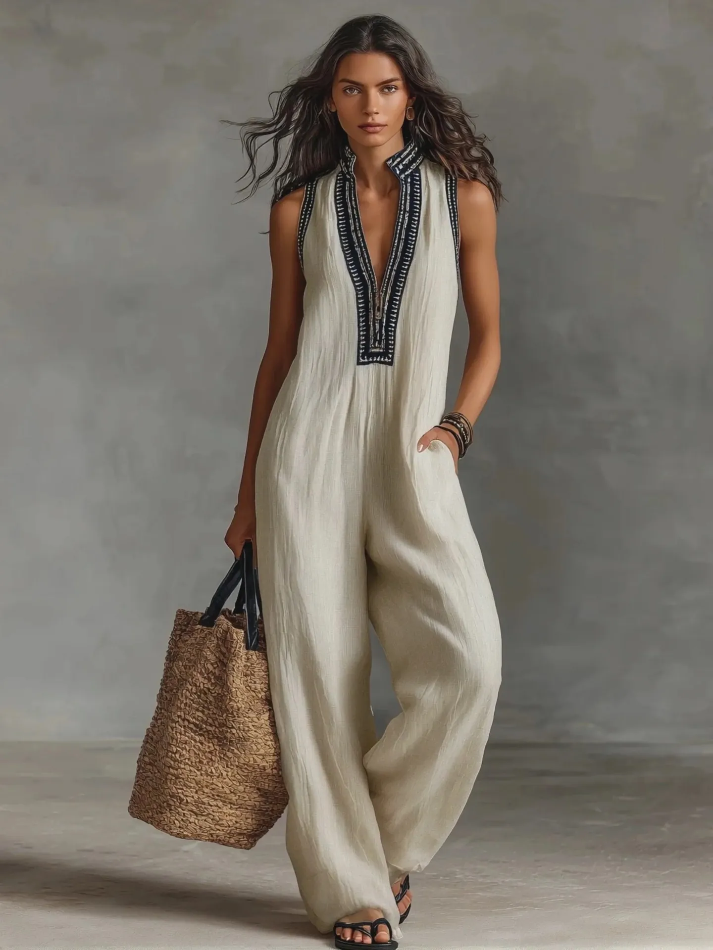Women's Casual Linen Blend Sleeveless Jumpsuit Stand Collar Zipper Embroidery Wide Leg Loose Boho Romper