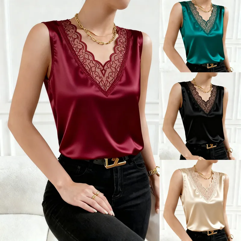 Elegante Dames Satijnen Tanktop V-hals Kantafwerking Mouwloos Losse Pasvorm Zomer Onderhemd Blouse Grote Maat Effen Kleur