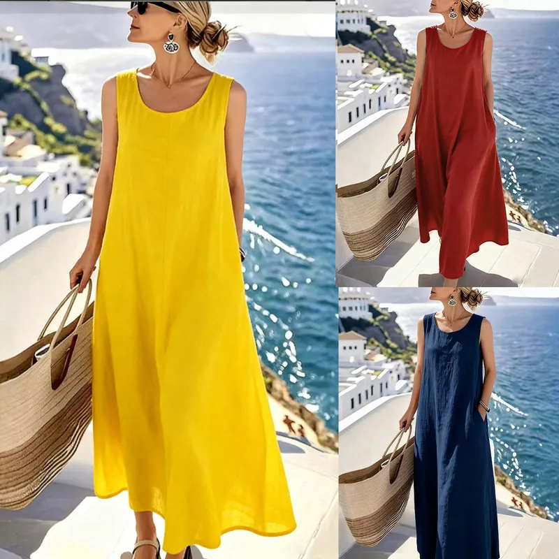 Vestido Sin Mangas de Algodón y Lino para Mujer Retro Holgado Cuello Redondo Vestido Midi Color Sólido Casual Verano Playa Vacaciones
