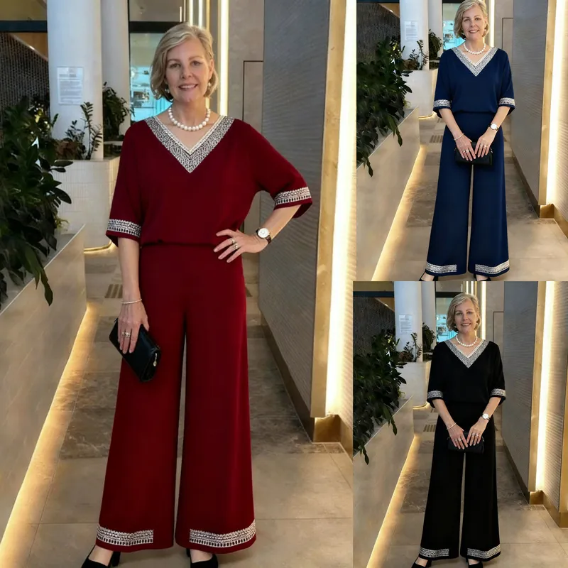 Tenue Top Et Pantalon Pour Femme En Polyester Col En V Manches Courtes Décontracté Ample Pantalon Large Élégant Vintage Broderie