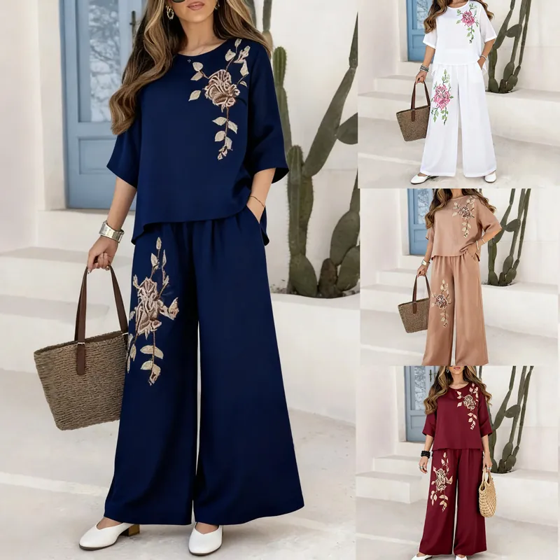 Women Retro Cotton Linen Two Piece Set Embroidered Short Sleeve Top And Wide Leg Pants Casual Summer Vacation Outfit