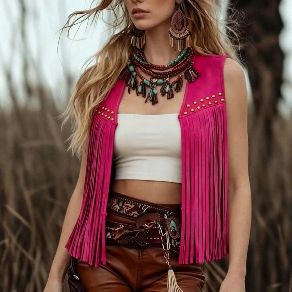 Vintage Faux Suede Fringe Vest Women Hippie Boho Rivet Sleeveless Tassel Jacket Outerwear Retro Waistcoat Top