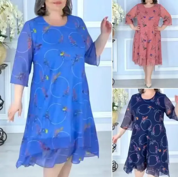 Women Vintage Floral Print V Neck Midi Dress Casual European Style Half Sleeve Loose Summer Beach Party Dress
