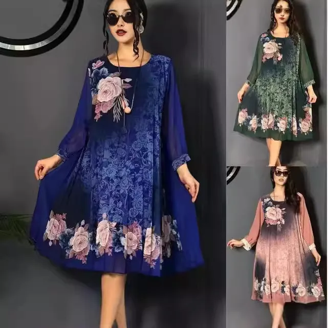 Damen Midi-Kleid Mit Blumendruck Polyester Rundhals Langarm A-Linie Farbverlauf Rosenmuster Kleid Für Party Alltag