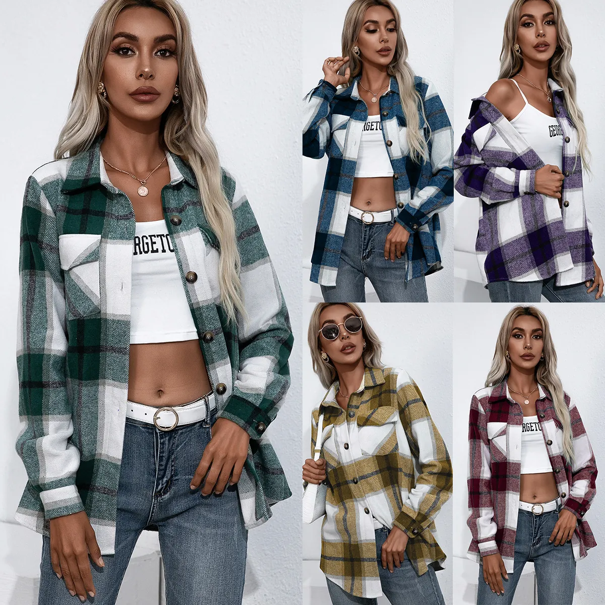 Sobrecamisa de Cuadros para Mujer Casual Oversize con Botones Manga Larga Camisa de Cuadros Gruesa Tacto Cachemira Top