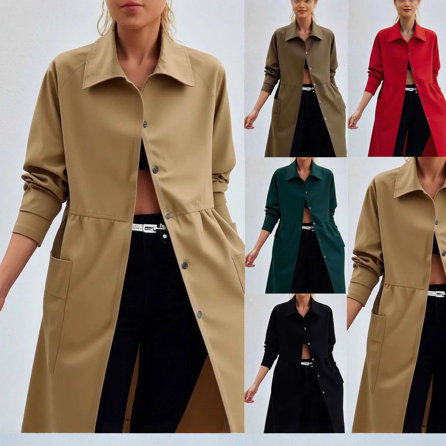 Trench-coat Mi-Long en Polyester Style Chemise pour Femmes Couleur Unie Décontracté Protection Solaire Manches Longues