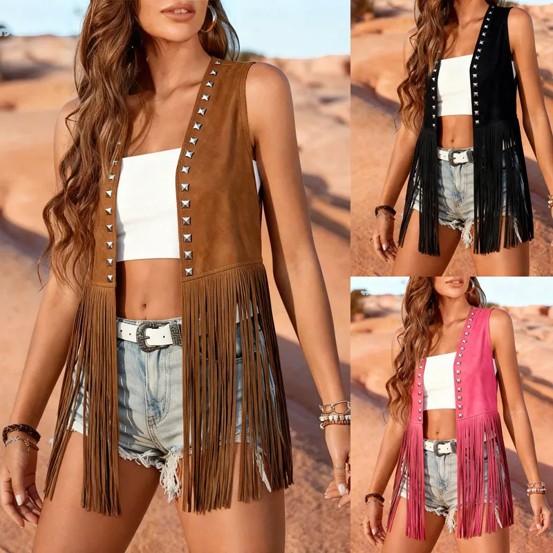 Women Fringe Vest Studded Sleeveless Jacket Retro Bohemian Suede Look Open Front Tassel Waistcoat Ethnic Style Streetwear Apparel