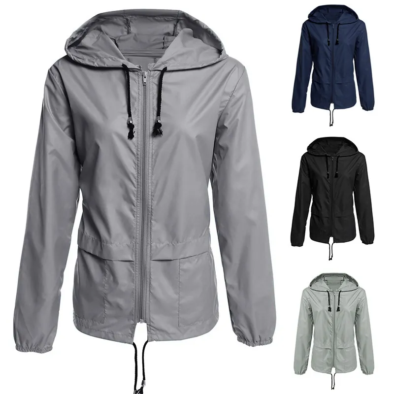 Women Lightweight Waterproof Hooded Outdoor Jacket Windproof Polyester Thin Casual Sporty Zipper Raincoat Outerwear Top
