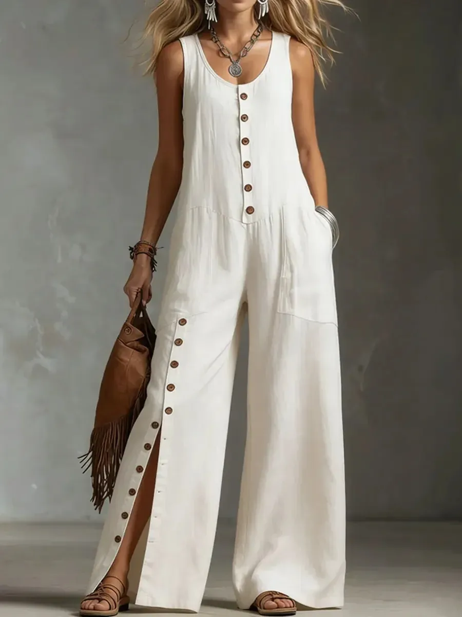 Women's Casual Polyester Sleeveless Jumpsuit Elegant V-Neck Button Wide Leg Romper Summer Vacation Bohemian Style Jumpsuit