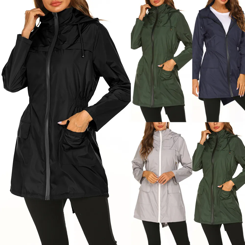 Damen Leichte Wasserdichte Outdoor Windjacke Mit Kapuze Und Taillenzug Jacke Herbst Winter Regenmantel Top