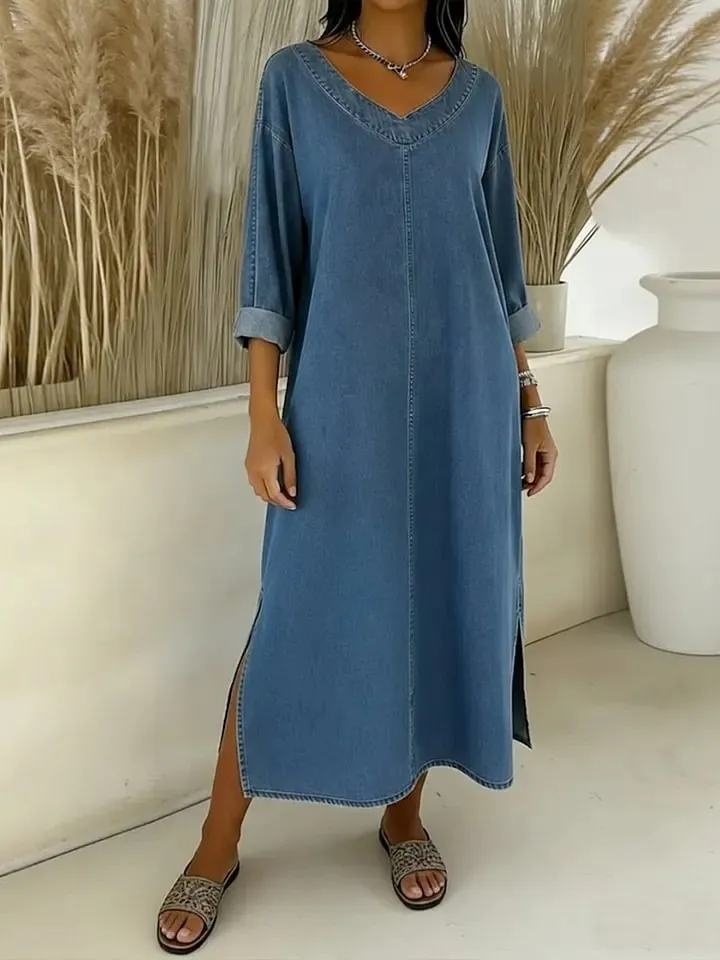 Women V Neck Half Sleeve Faux Denim Dress Casual Loose Solid Color Side Slit Midi Dress Spring Summer Fashion