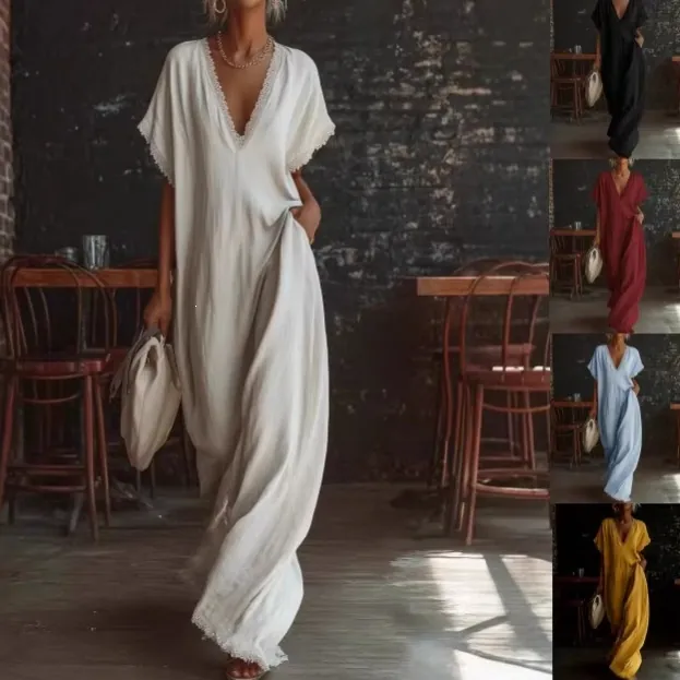 Women's Elegant Linen Cotton Maxi Dress V Neck Lace Trim Loose Casual Summer Vacation Dress