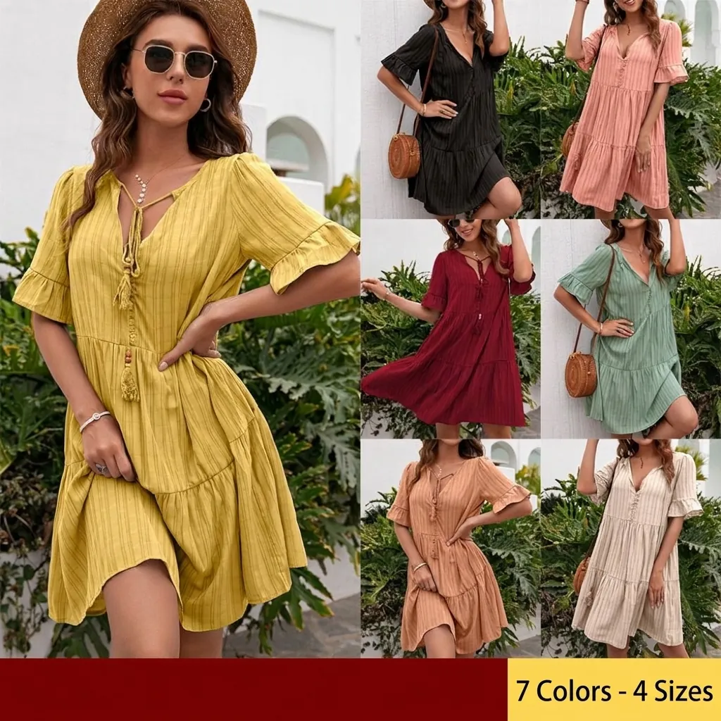 Women Summer V-Neck Bohemian Midi Dress Loose Casual Solid Color Tiered Cake Skirt Ruffle Short Sleeve Beach Sun Dress