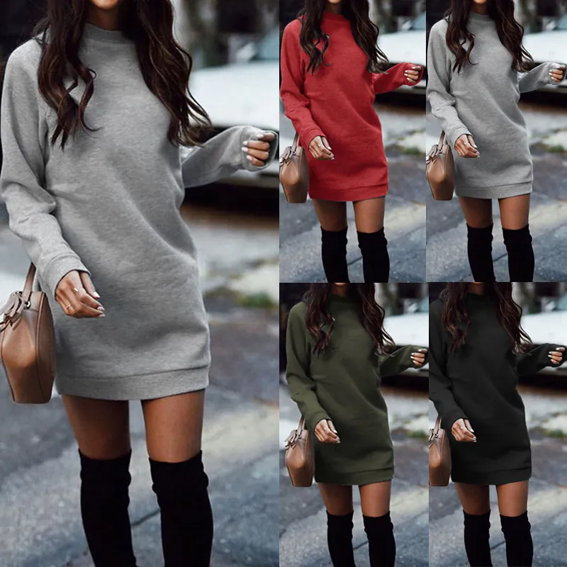 Women's Fashion Casual Crew Neck Long Sleeve Sweatshirt Dress with Pockets Solid Color Loose Mini Dress Autumn Winter