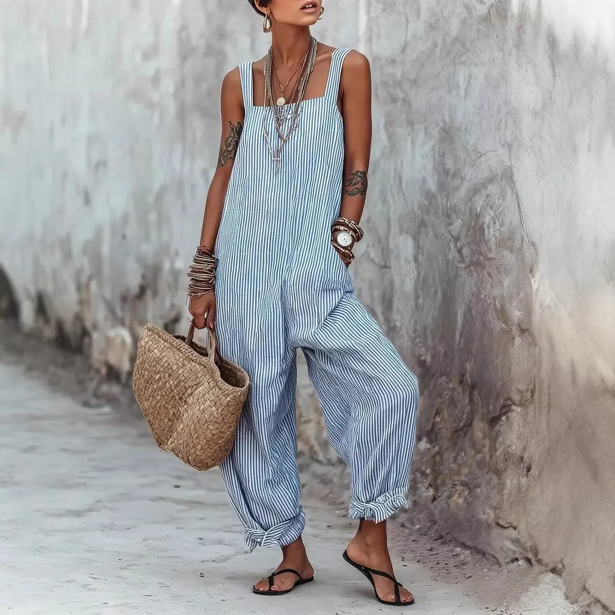 Combinaison Décontractée en Polyester à Rayures pour Femmes Sans Manches Ample Bohème Vacances d'Été Pantalon Long Mode Romper