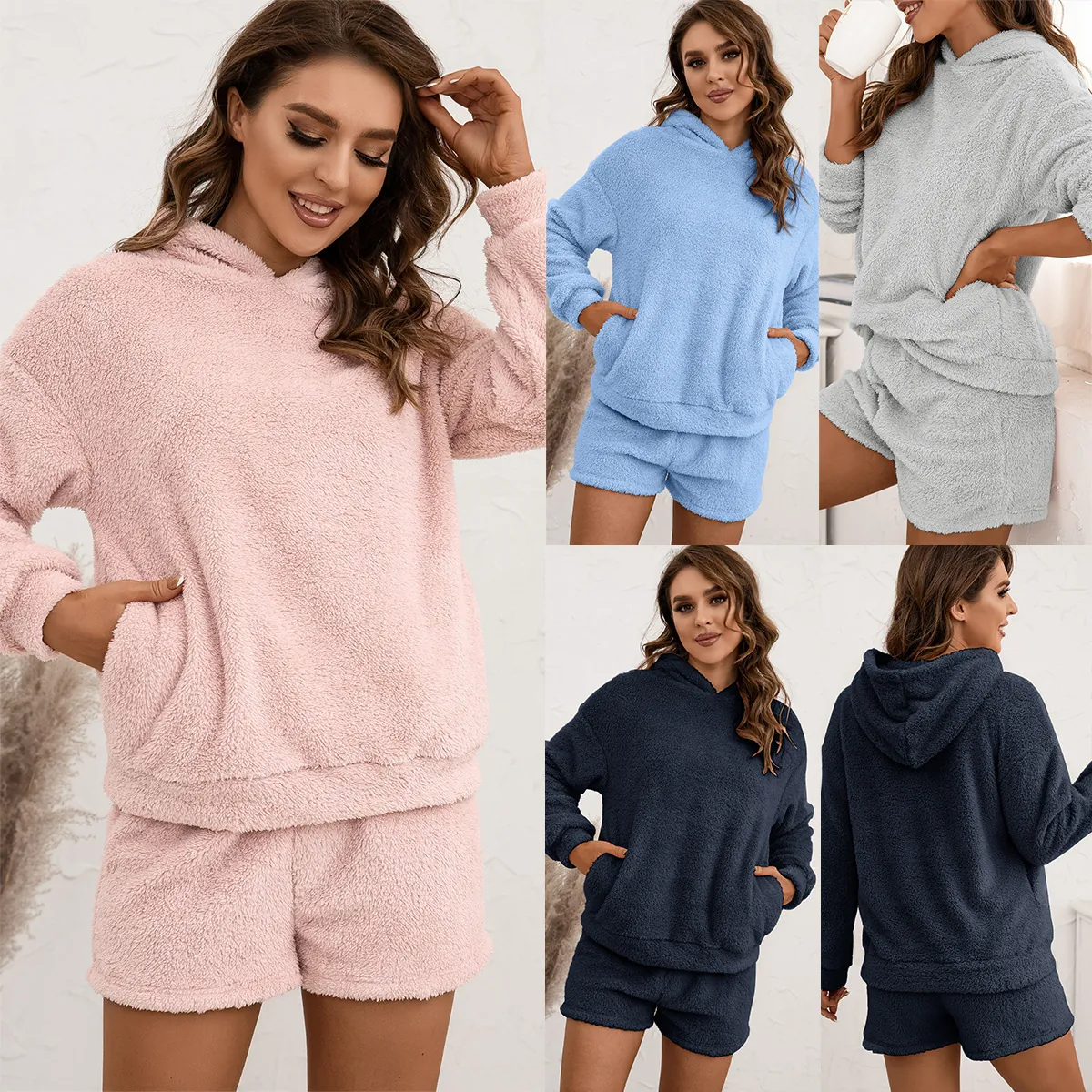 Women Top And Bottom Fleece Hooded Sweatshirt And Shorts Casual Loungewear Thick Double Sided Plush Pajamas Home Suit
