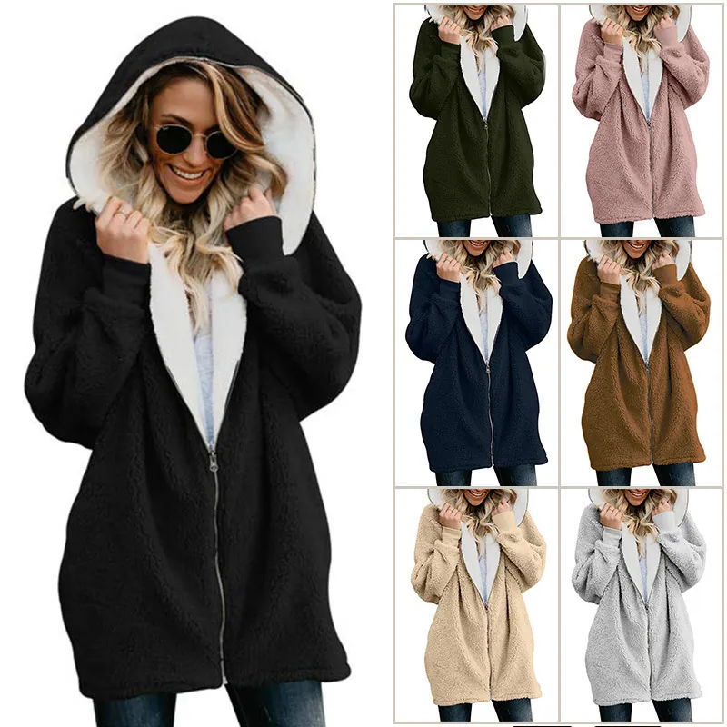 Veste à Capuche en Molleton de Fausse Peau de Mouton pour Femmes Fermeture Éclair Sweat-shirt Chaud Hiver Couleur Unie Cardigan Peluche