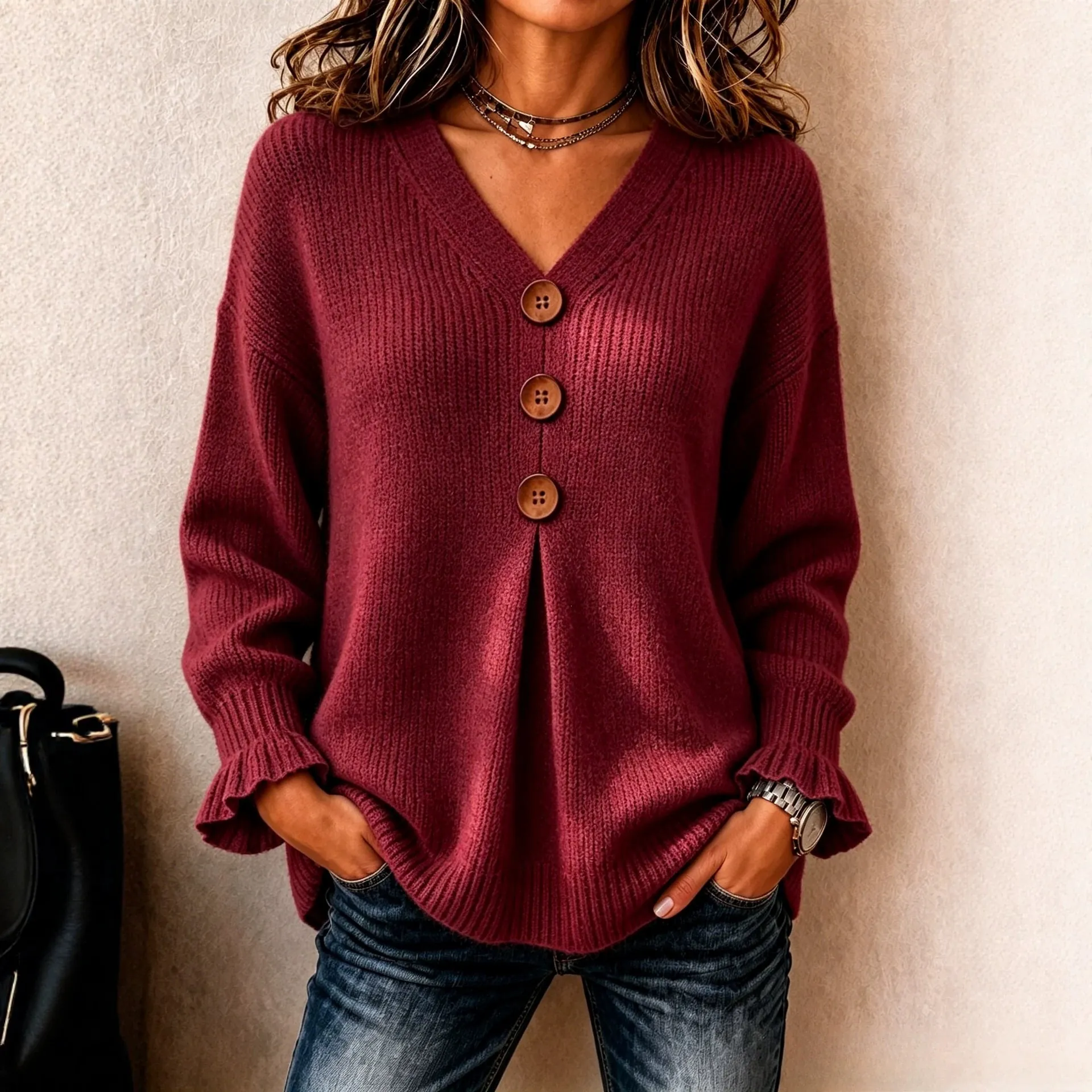 Women V-Neck Long Sleeve Knit Sweater Top With Decorative Buttons And Ruffle Cuffs Casual Solid Color Pullover