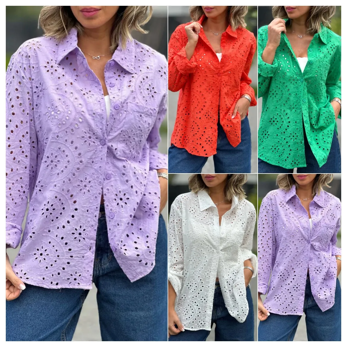 Women Loose Eyelet Embroidery Shirt Long Sleeve Button Down Shirt Collar Plus Size Solid Color Polyester Blouse Top