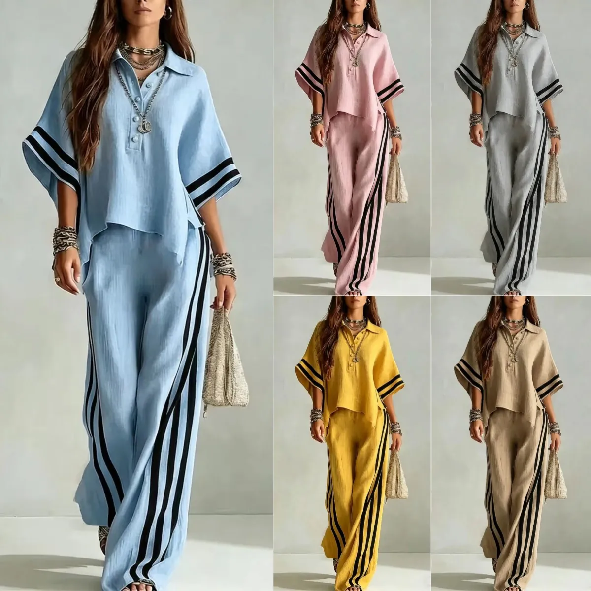 Women Casual Polyester Top And Bottom Short Sleeve Button Shirt And Wide Leg Pants Stripes Summer Lounge Outfits
