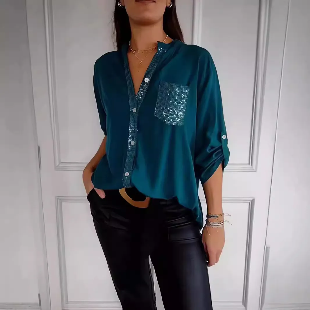 Women Fashion Polyester Sequin Pocket Blouse Loose Casual Single-Breasted Long Sleeve Top For Daily Commuter Office Wear