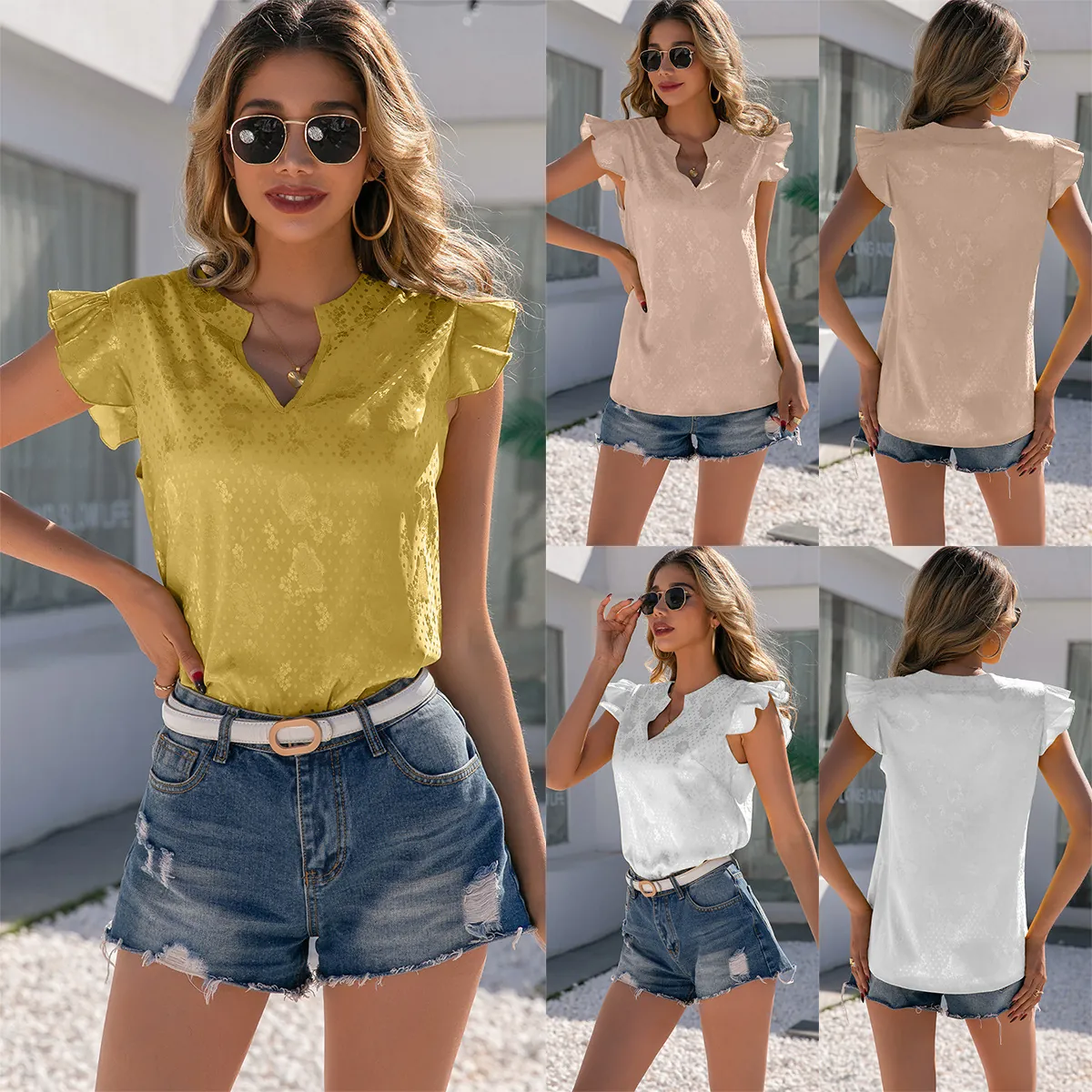 Women Elegant Satin V Neck Ruffle Sleeve Top Jacquard Pullover Solid Color Short Sleeve Commute Blouse Summer Shirt Top