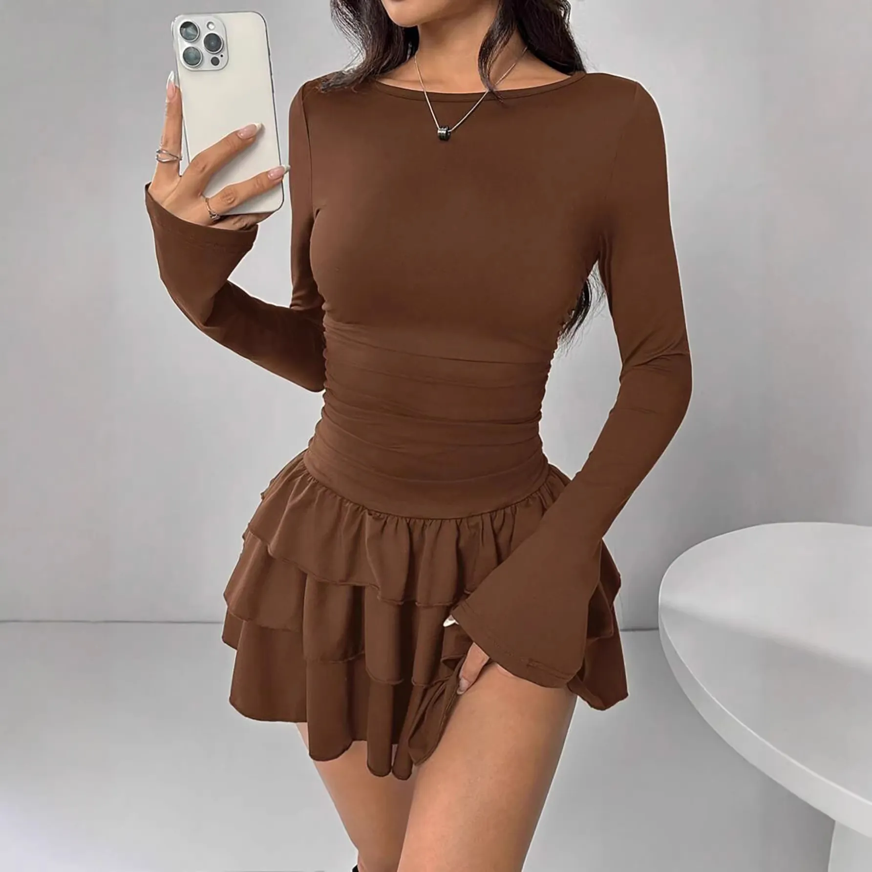 Women Elegant Ruffle Mini Dress Slim Fit Ruched Long Sleeve Crew Neck Knitted Polyester Party Dress Casual Streetwear