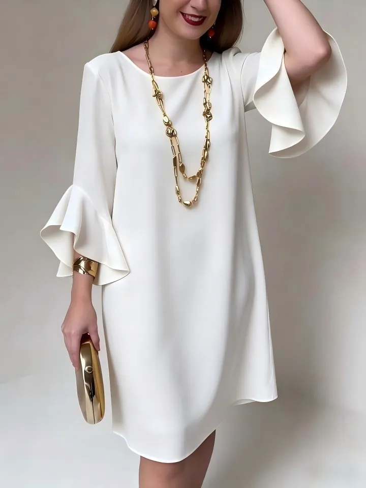 Mujer Elegante Volantes Mangas Acampanadas Ajuste Delgado Midi Vestido Cuello Redondo Color Sólido Poliéster Elegante Oficina Fiesta Verano