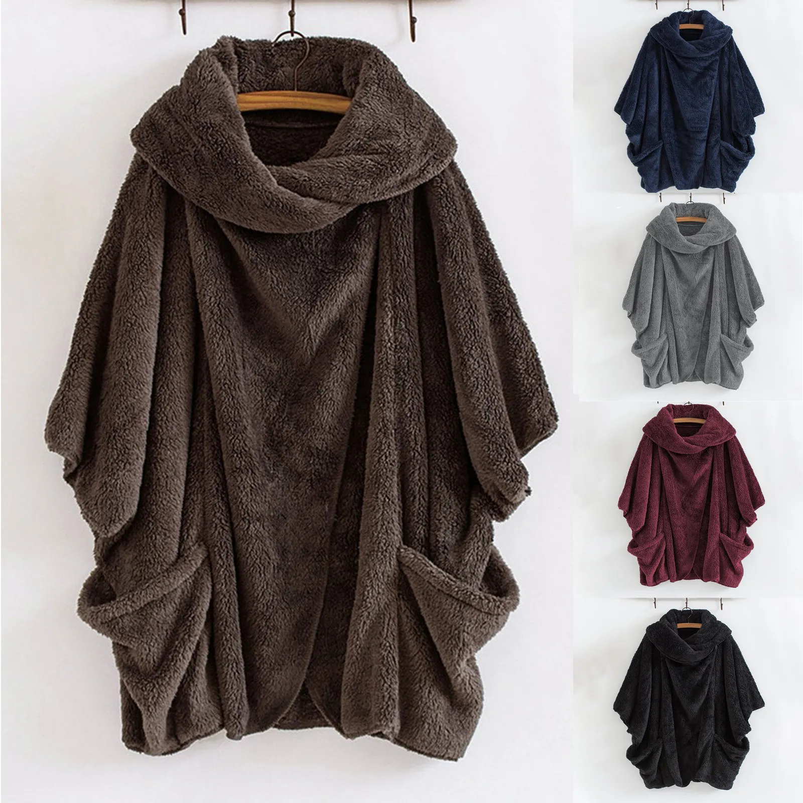 Giacca in Pile Oversized da Donna Revers Bottone Tasca Orlo Irregolare Tinta Unita Capispalla in Poliestere Streetwear Cappotto per Autunno Inverno
