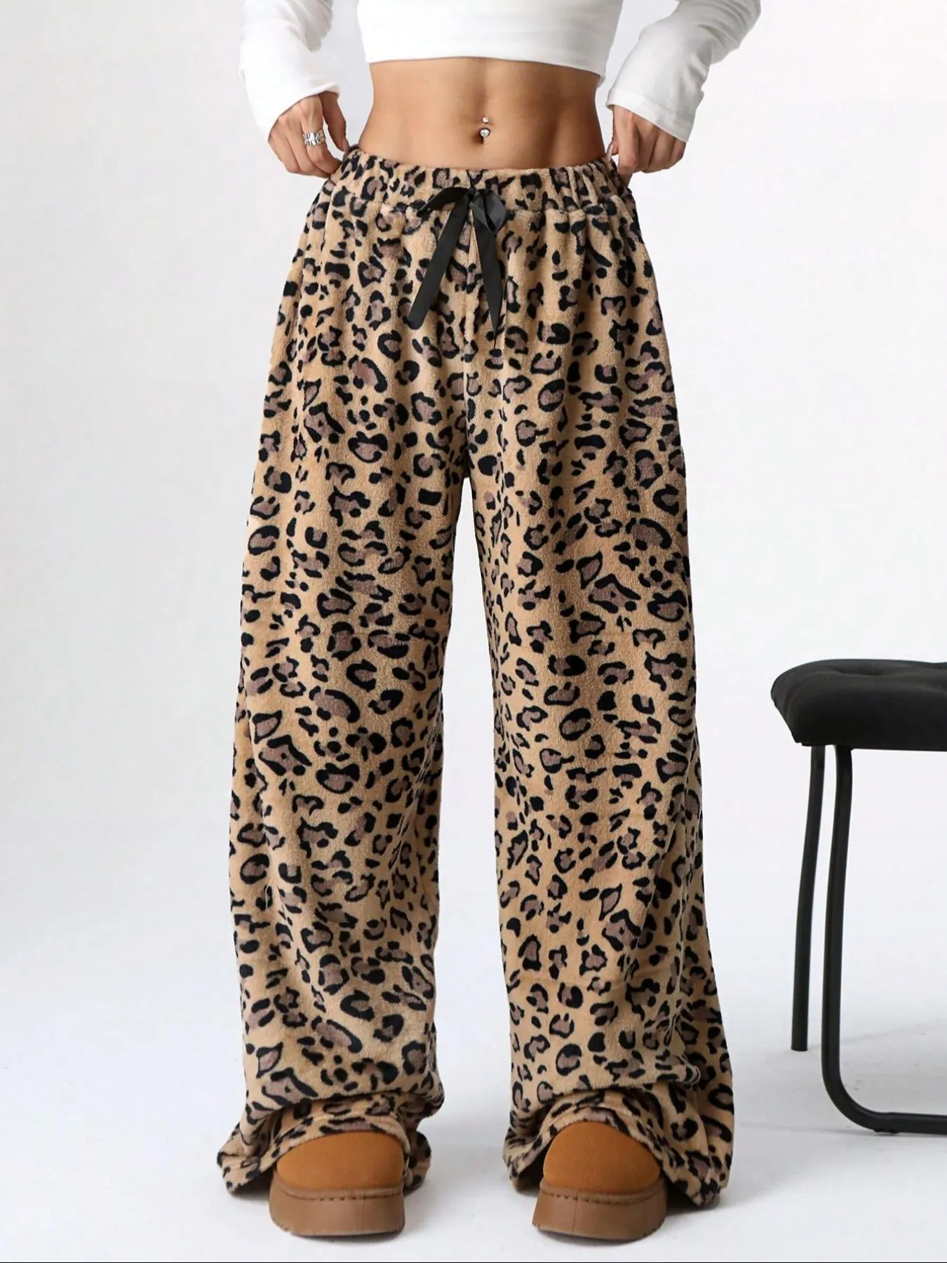 Women Leopard Print Wide Leg Pants High Waist Drawstring Loose Straight Lounge Trousers Casual Polyester Full Length Bottom