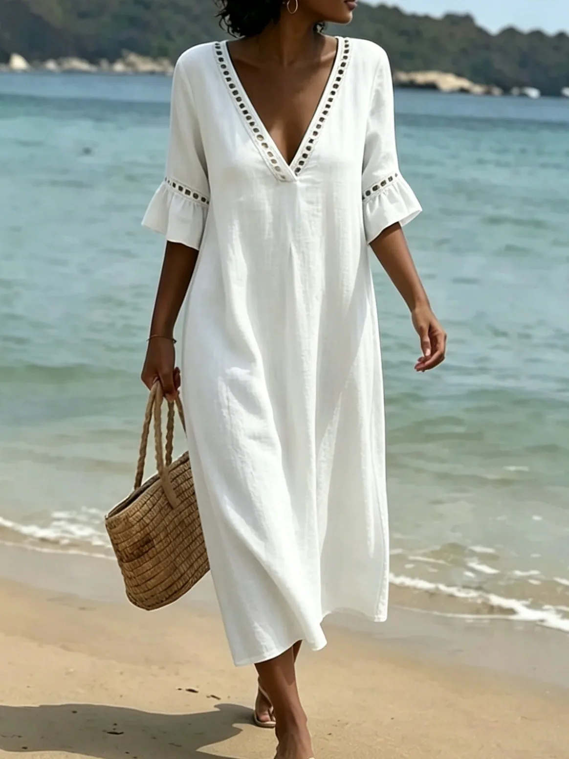 Damen V-Ausschnitt Einfarbig Urlaubsstil Spitze Maxi Kleid Glockenärmel Gespleißt Polyester Lang Kleid Für Sommer Strand Party