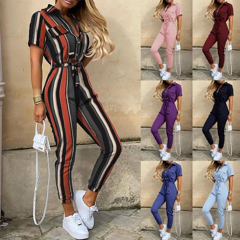 Women Casual Short Sleeve Jumpsuit Lapel Button Down Belted Utility Straight Leg Polyester Patchwork Printed Romper For Daily Commute