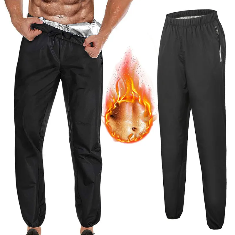 Pantalon de Sauna pour Hommes Enduit d'Argent Thermique Jogging Fitness Taille Haute avec Cordon Poches Sport