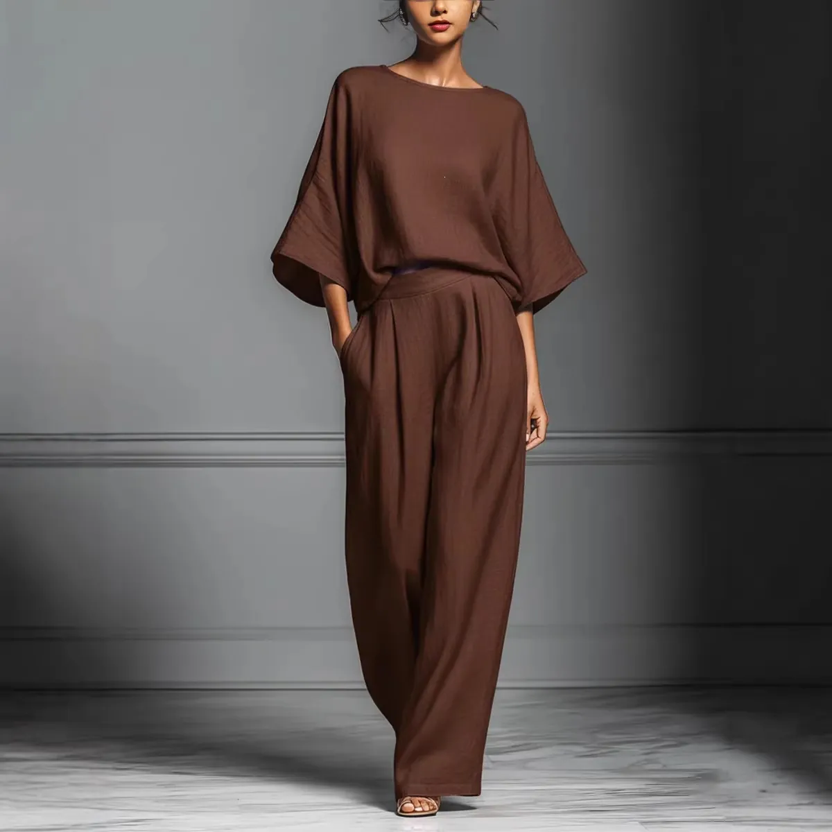Women Elegant Flare Sleeve Top And Wide Leg Pants Set Solid Color Casual Summer Polyester Loungewear Top And Bottom Outfit