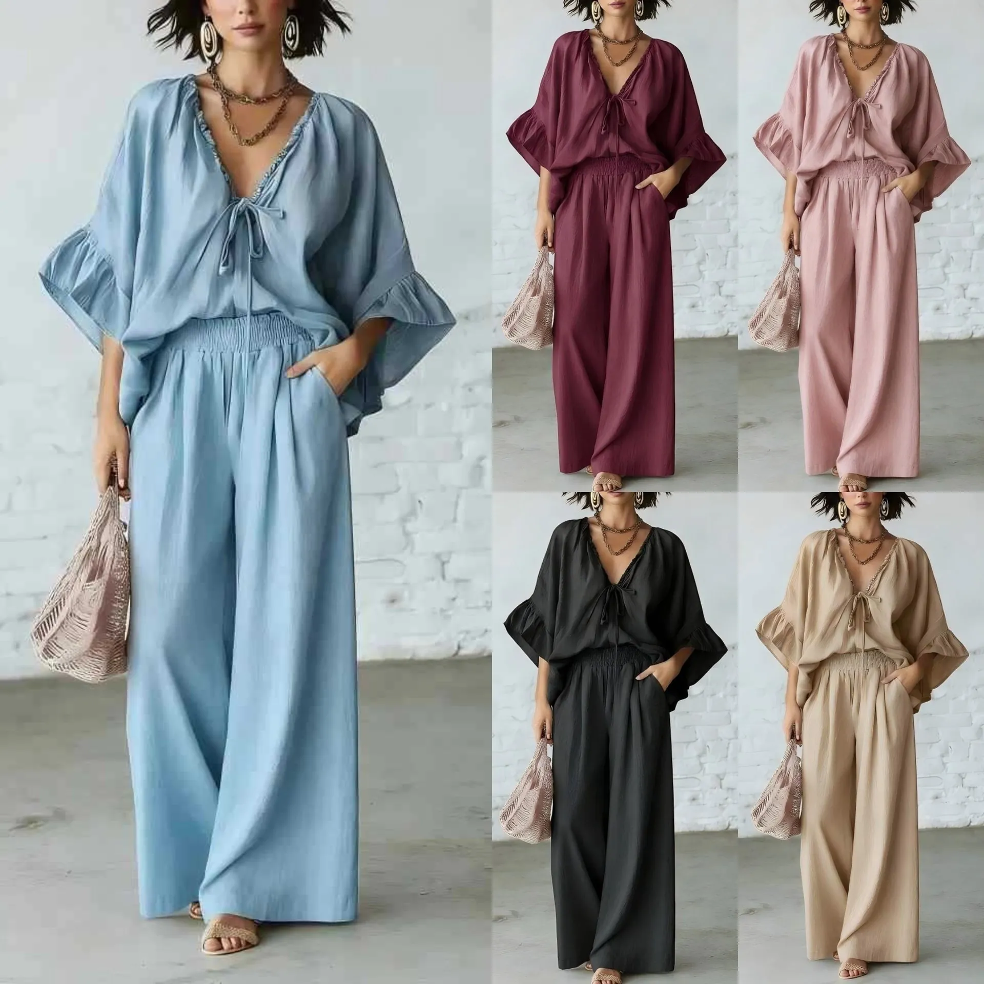 Damen Sommer Casual Leinen Zweiteiler V-Ausschnitt Schnürung Volantärmel Oberteil Hohe Taille Weite Hose Urlaub Outfits