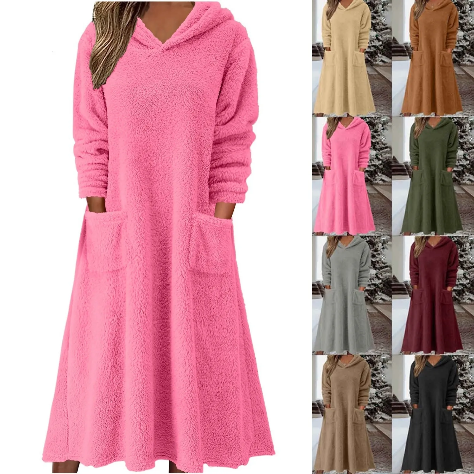 Robe à Manches Longues en Peluche à Capuche pour Femmes Décontractée Ample en Molleton Épais Couleur Unie Avec Poches Automne Hiver