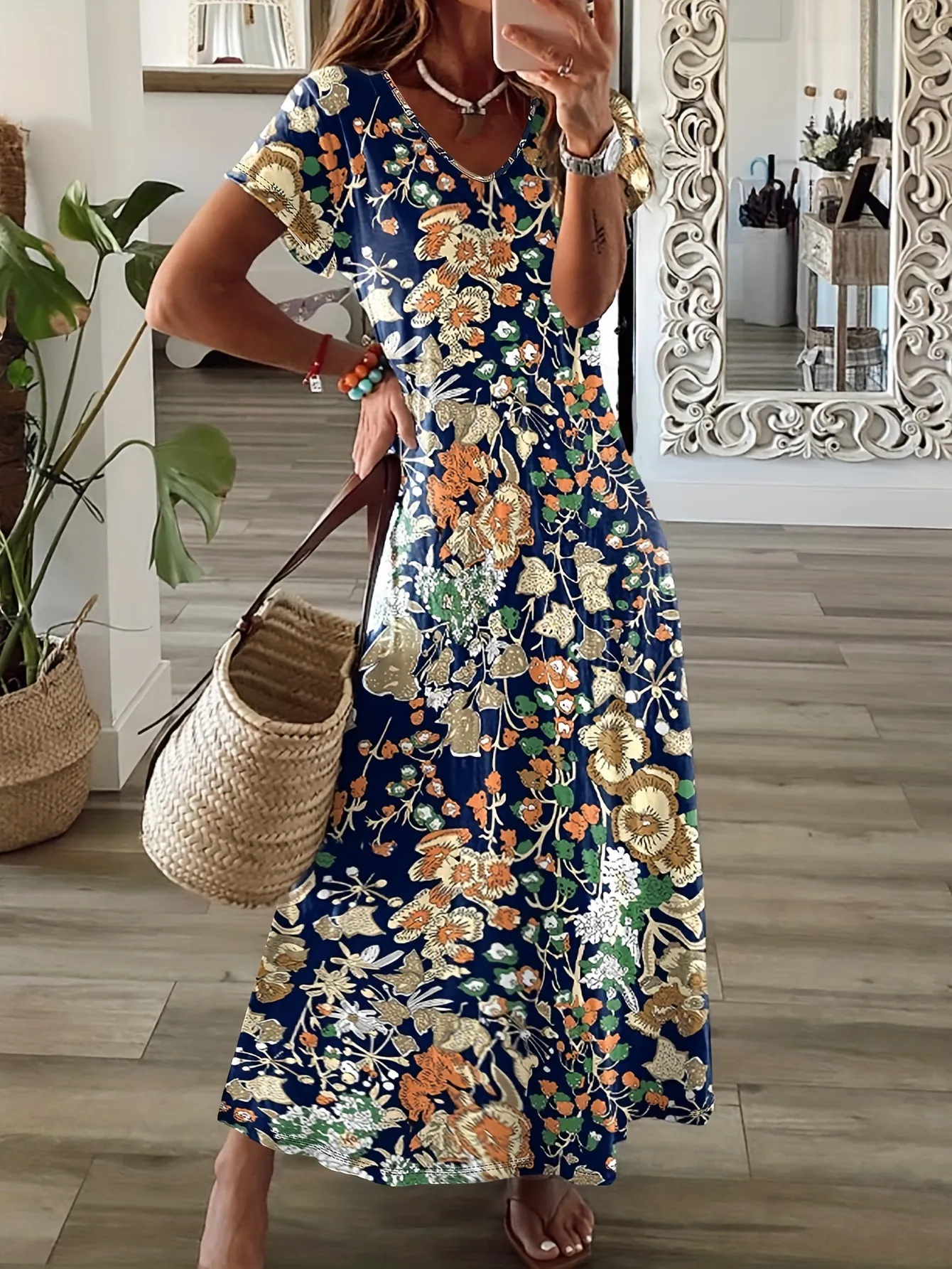 Women V-Neck Embroidered Floral Maxi Dress Bohemian Short Sleeve Loose Summer Vacation Casual Dress