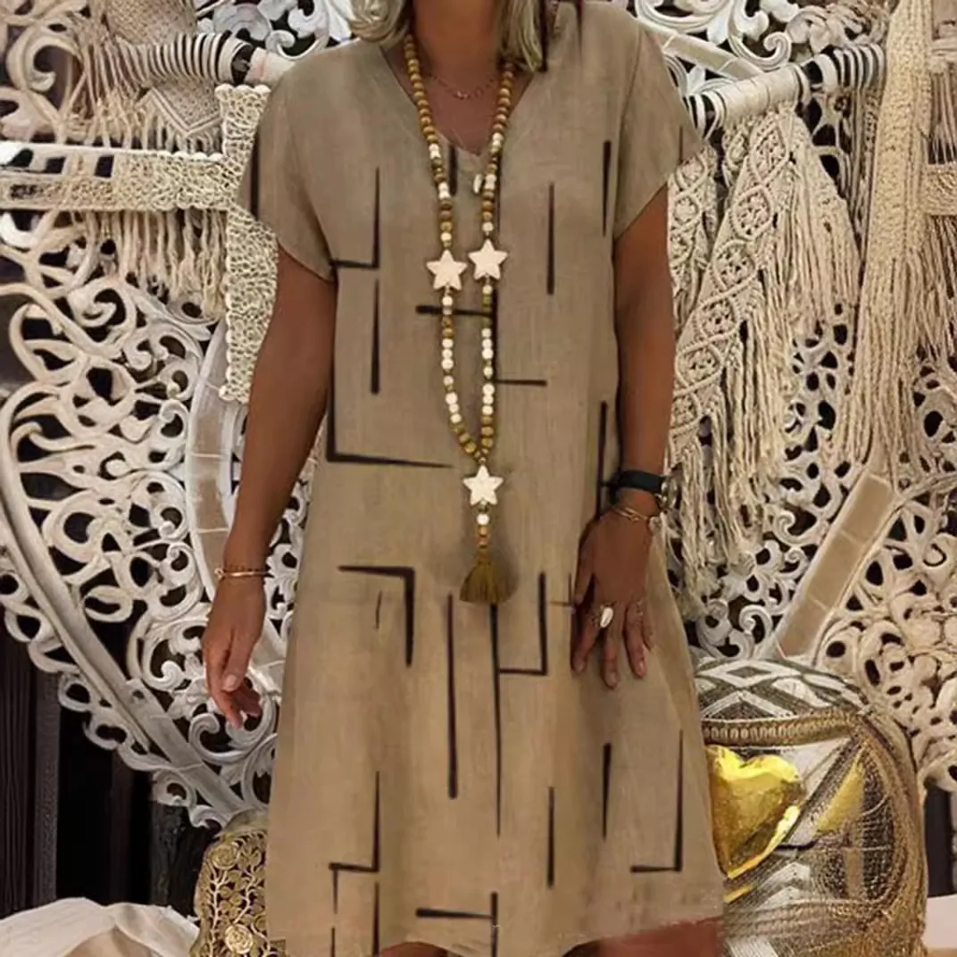Women V Neck Short Sleeve Geometric Print Midi Dress Bohemian Casual Polyester Loose A Line Dress For Summer Daily Wear