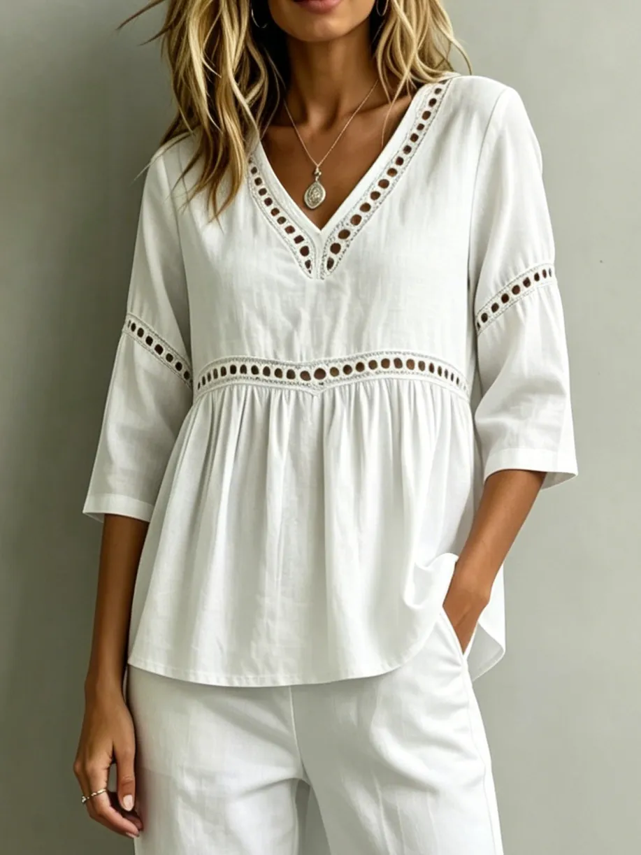 Damen Baumwoll-Leinen V-Ausschnitt Bluse Mit Lochspitze Hohl Geschnitten Sommer 3/4 Volantärmel Lässige Lockere Pendler Shirt Top